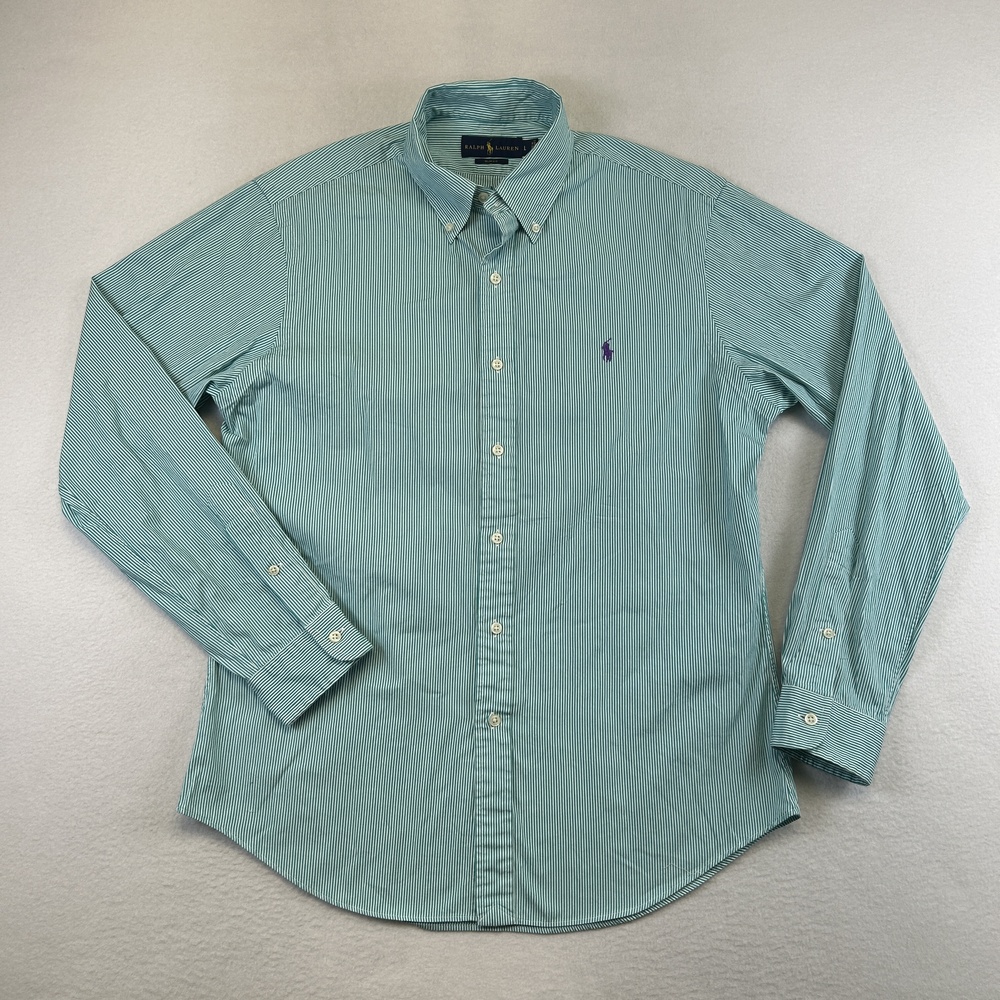 Ralph Lauren Shirt Mens Large Green Striped Slim Fit Button Down Cotton Collared